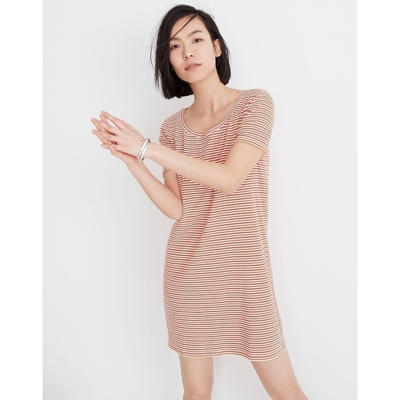 Madewell Swingy Tee Dress in Stripe Pink Tan Size M - Picture 1 of 12